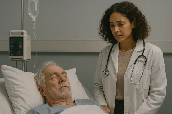 A female doctor with curly brown hair stands beside an elderly male patient in a hospital bed, observing his condition with concern.