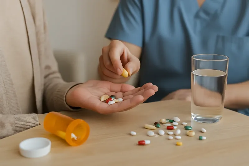 Caregiver handing medications to elderly patient with pill bottle and water glass on table

