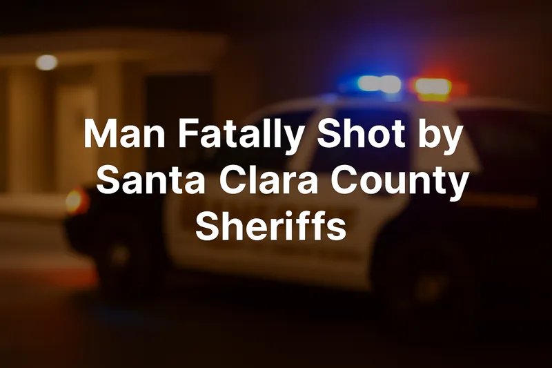 Blurred sheriff patrol car with flashing red and blue lights and bold white text reading “Man Fatally Shot by Santa Clara County Sheriffs.”