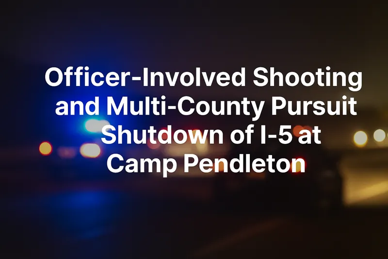 Blurred police lights on I-5 with bold white text reading “Officer-Involved Shooting and Multi-County Pursuit Shutdown of I-5 at Camp Pendleton.”