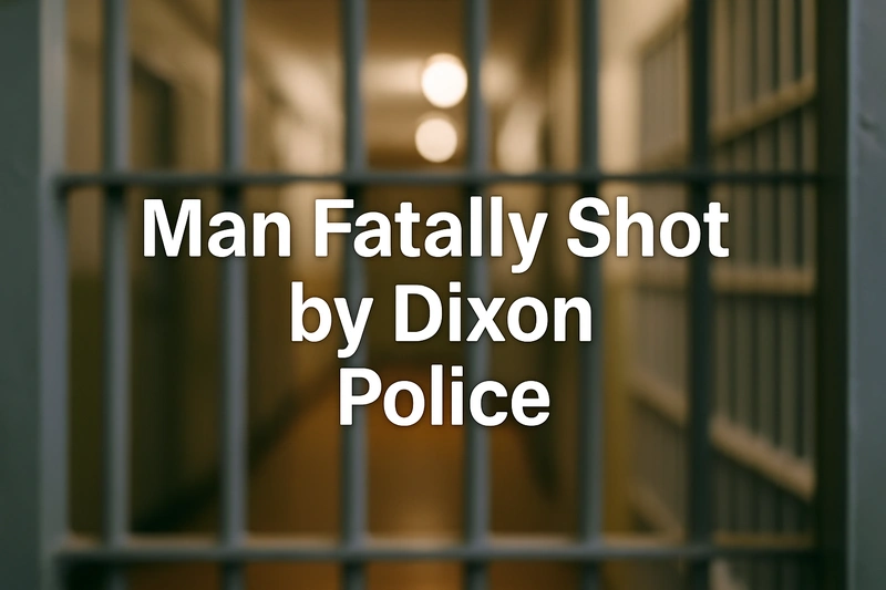 Man Fatally Shot by Dixon Police text over blurred jail corridor and cell bars